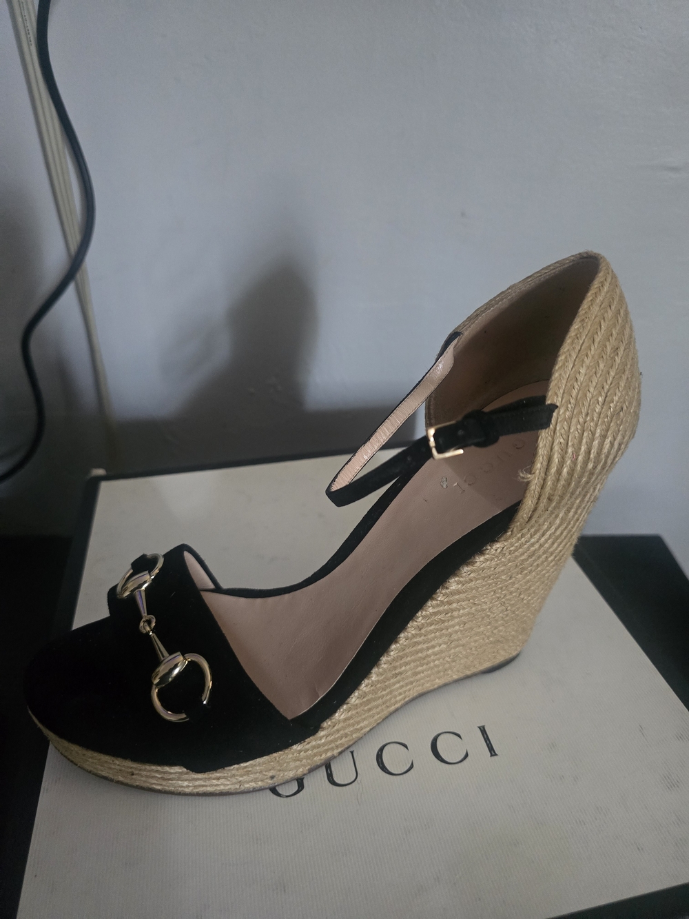 Gucci Black Suede Wedge Sandals with Gold Bit - Picture 2 of 6